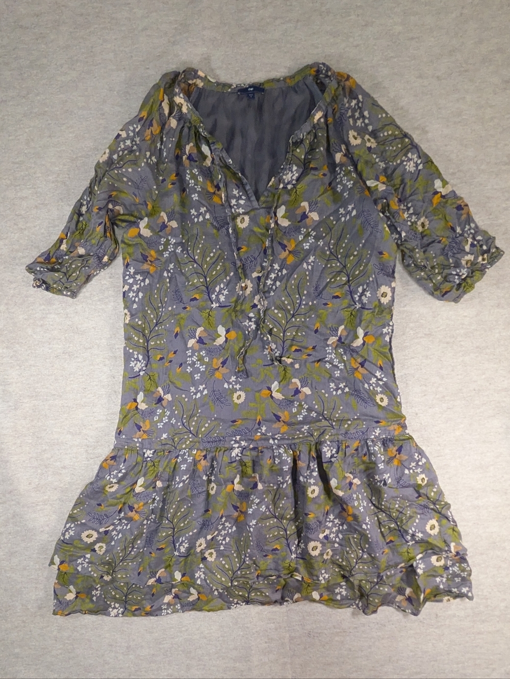 GAP Drop Waist Gray Floral Peasant Dress V Neck Cotton Casual Gold Navy Green L